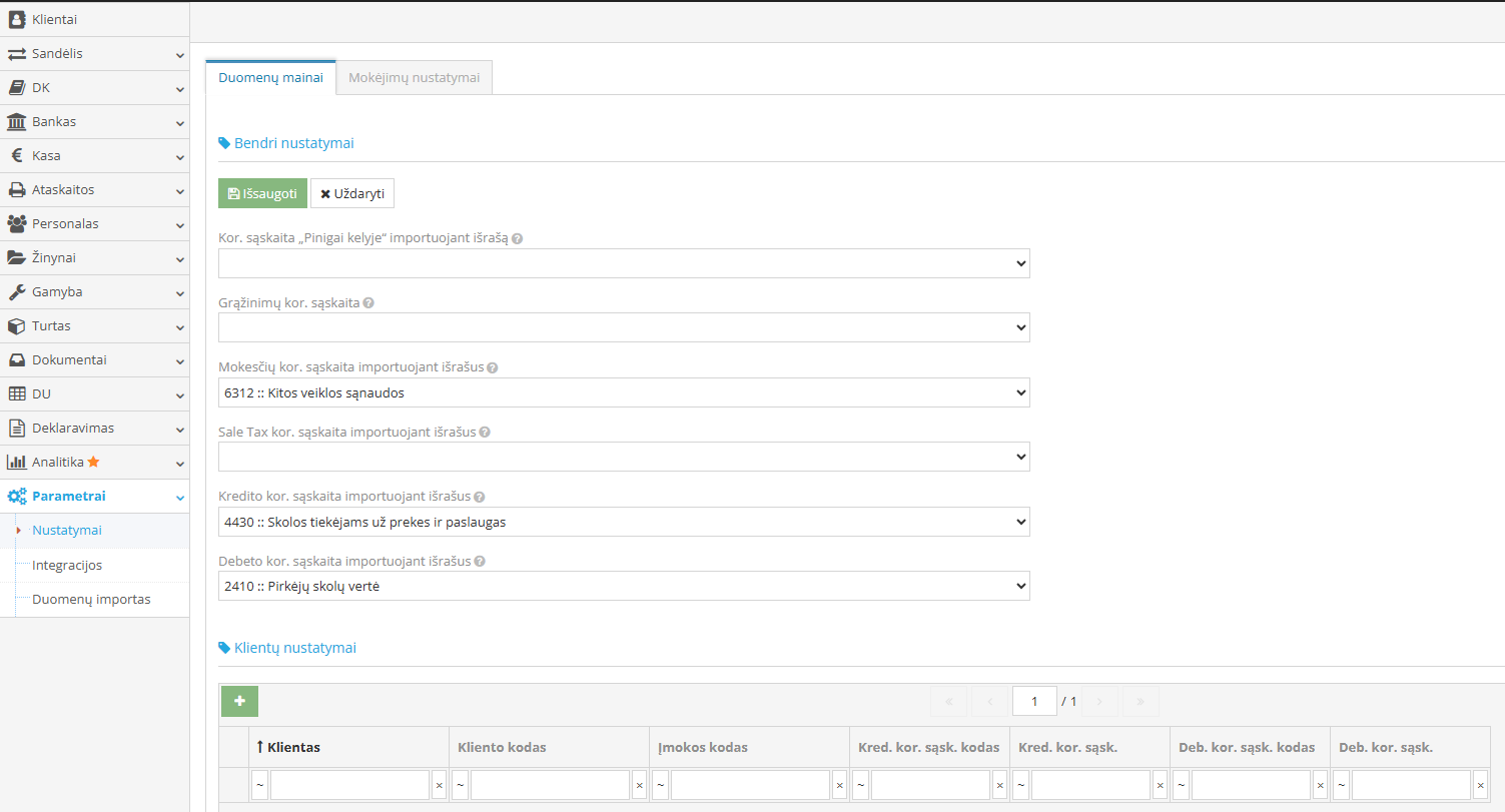 Duomenų mainų nustatymų langas su Etsy integracija